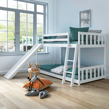 Load image into Gallery viewer, Twin over Twin Bunk Wooden Low Bed with Slide Ladder for Kids-White