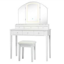 Load image into Gallery viewer, Vanity Table Stool Set with Large Tri-folding Lighted Mirror-White