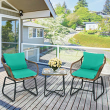 Load image into Gallery viewer, 3 Pieces Patio Rattan Bistro Set Cushioned Chair Glass Table Deck-Turquoise