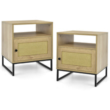 Load image into Gallery viewer, 2 Pieces Wooden Side End Table with Cabinet and Rattan Decorated Door-Natural
