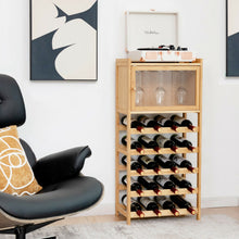 Load image into Gallery viewer, 20-Bottle Freestanding Bamboo Wine Rack Cabinet with Display Shelf and Glass Hanger-Natural