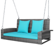 Load image into Gallery viewer, 2-Person Patio PE Wicker Hanging Porch Swing Bench Chair Cushion 800 Pounds-Turquoise