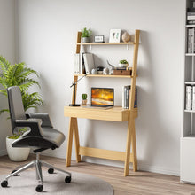 Load image into Gallery viewer, Ladder Shelf Desk Bookcase with Countertop  Drawer and 2 Shelves-Natural