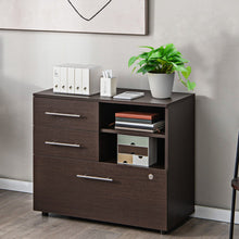 Load image into Gallery viewer, 3 Drawer Lateral File Cabinet on Wheels with Storage Shelves-Brown