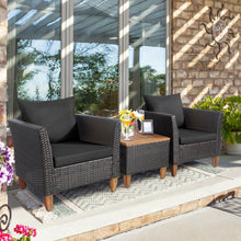 Load image into Gallery viewer, 3 Pieces Patio Rattan Bistro Furniture Set with Wooden Table Top-Black