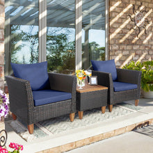 Load image into Gallery viewer, 3 Pieces Patio Rattan Bistro Furniture Set with Wooden Table Top-Navy