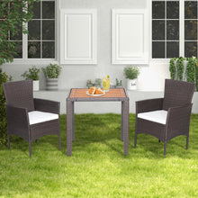 Load image into Gallery viewer, 3 Pieces Patio Wicker Furniture Set wih Acacia Wood Table Top and Chair Cushiones