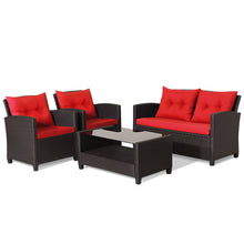 Load image into Gallery viewer, 4 Pieces Patio Rattan Furniture Set with Tempered Glass Coffee Table-Red