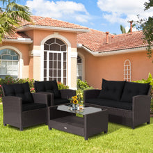 Load image into Gallery viewer, 4 Pieces Patio Rattan Furniture Set with Tempered Glass Coffee Table-Black