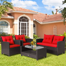 Load image into Gallery viewer, 4 Pieces Patio Rattan Furniture Set with Tempered Glass Coffee Table-Red