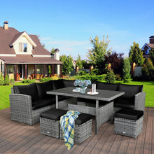 Load image into Gallery viewer, 7 Pieces Patio Rattan Dining Furniture Sectional Sofa Set with Wicker Ottoman-Black