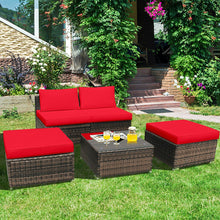 Load image into Gallery viewer, 5Pcs Patio Rattan Wicker Furniture Set Armless Sofa Ottoman Cushioned-Red