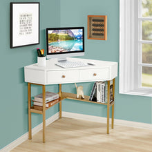 Load image into Gallery viewer, Space Saving Corner Computer Desk with 2 Large Drawers and Storage Shelf-Golden