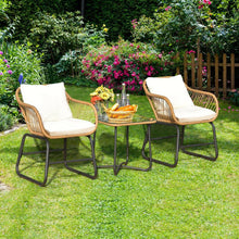 Load image into Gallery viewer, 3-Piece Patio Bistro Set with 2 Rattan Chairs and Square Glass Coffee Table-White