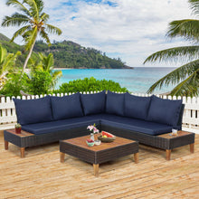 Load image into Gallery viewer, 4 Pieces Patio Cushioned Rattan Furniture Set with Wooden Side Table-Navy