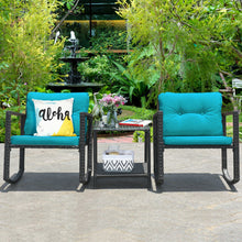 Load image into Gallery viewer, 3 Pcs Wicker Rocking Bistro Set with Glass Coffee Table and Storage Shelf-Blue
