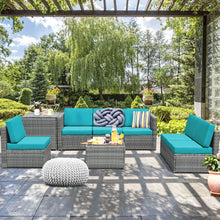 Load image into Gallery viewer, 8 Piece Wicker Sofa Rattan Dinning Set Patio Furniture with Storage Table-Turquoise