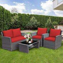 Load image into Gallery viewer, 4 Pieces Patio Rattan Furniture Set Sofa Table with Storage Shelf Cushion-Red