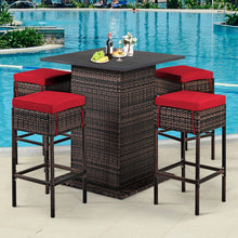 Load image into Gallery viewer, 5 Pieces Patio Rattan Bar Table Stool Set Hidden Storage Shelf Cushioned-Red