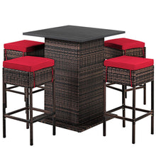 Load image into Gallery viewer, 5 Pieces Patio Rattan Bar Table Stool Set Hidden Storage Shelf Cushioned-Red