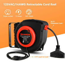 Load image into Gallery viewer, 50ft Retractable Extension Cord Reel with Triple Tap Outlet