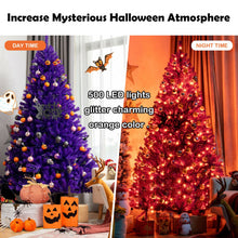 Load image into Gallery viewer, Artificial Prelit Purple Halloween Tree with Orange Lights and Pumpkin Ornaments-7'