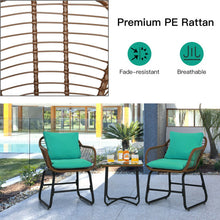 Load image into Gallery viewer, 3 Pieces Patio Rattan Bistro Set Cushioned Chair Glass Table Deck-Turquoise
