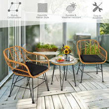 Load image into Gallery viewer, 3 Pieces Rattan Furniture Set with Cushioned Chair Table-Black