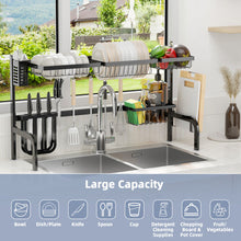 Load image into Gallery viewer, 2 Tier Adjustable Over Sink Dish Drying Rack with 8 Hooks