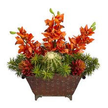 Load image into Gallery viewer, 21" Cymbidium Orchid, Cactus and Succulent Artificial Arrangement in Metal Vase