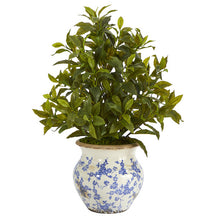 Load image into Gallery viewer, 28" Coffee Leaf Artificial Plant in Vintage Floral Planter (Real Touch)