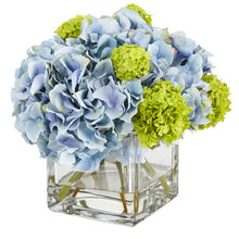 Load image into Gallery viewer, 10" Hydrangea Artificial Arrangement in Glass Vase