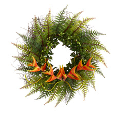 Load image into Gallery viewer, 23" Assorted Fern and Mini Heliconia Artificial Wreath