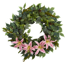Load image into Gallery viewer, 23" Mixed Ruscus, Lily, Fittonia and Berries Artificial Wreath