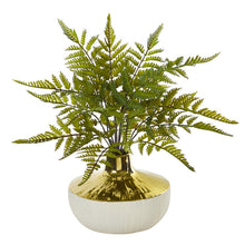 Load image into Gallery viewer, 14" Fern Artificial Plant in Gold and Cream Elegant Vase