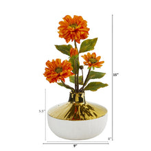Load image into Gallery viewer, 15" Zinnia Artificial Arrangement in Gold and Cream Elegant Vase