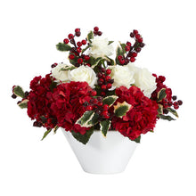 Load image into Gallery viewer, 17" Rose, Hydrangea and Holly Berry Artificial Arrangement in White Vase