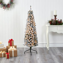 Load image into Gallery viewer, 5' Flocked Pencil Artificial Christmas Tree w/ 200 Clear Lights & 318 Bendable