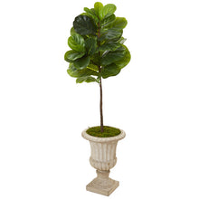 Load image into Gallery viewer, 5' Fiddle Leaf Artificial Tree in Sand Finished Urn (Real Touch)