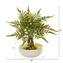 Load image into Gallery viewer, 14" Fern Artificial Plant in Gold and Cream Elegant Vase