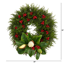 Load image into Gallery viewer, 20" Cedar, Berries and Magnolia Artificial Christmas Wreath