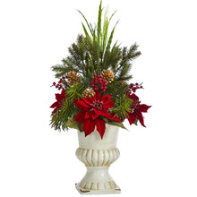 Load image into Gallery viewer, 28" Poinsettia, Grass and Succulent Artificial Arrangement in White Urn