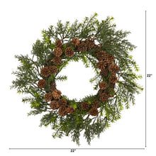 Load image into Gallery viewer, 22" Cedar, Grass and Pine Cone Artificial Wreath UV Resistant