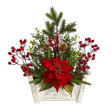 Load image into Gallery viewer, 18" Poinsettia, Succulent and Berry Artificial Arrangement in Bench Planter