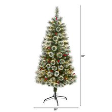 Load image into Gallery viewer, 5' Frosted Swiss Pine Artificial Christmas Tree w/ 200 Clear LED Lights & Berrie