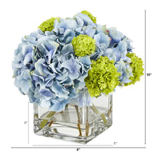Load image into Gallery viewer, 10" Hydrangea Artificial Arrangement in Glass Vase