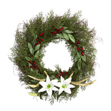 Load image into Gallery viewer, 20" Cedar, Antlers, Lily and Ruscus with Berries Artificial Wreath