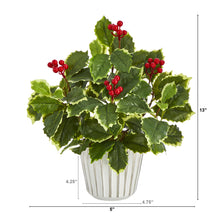 Load image into Gallery viewer, 13" Variegated Holly Leaf Artificial Plant in White Planter w/ Silver Trimming