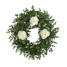 Load image into Gallery viewer, 18" Eucalyptus and Rose Double Ring Artificial Wreath with Twig Base