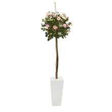 Load image into Gallery viewer, 5' Rose Topiary Artificial Tree in White Planter